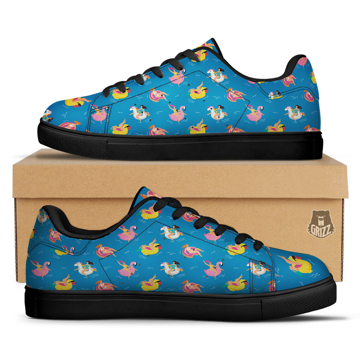 Women Swimming In The Sea Print Pattern Black Low Top Sneakers-grizzshop