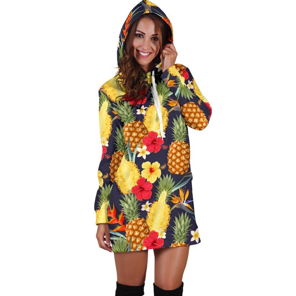 Women Tropical Hawaiian Hibiscus Pineapple Hoodie Dress Print-grizzshop