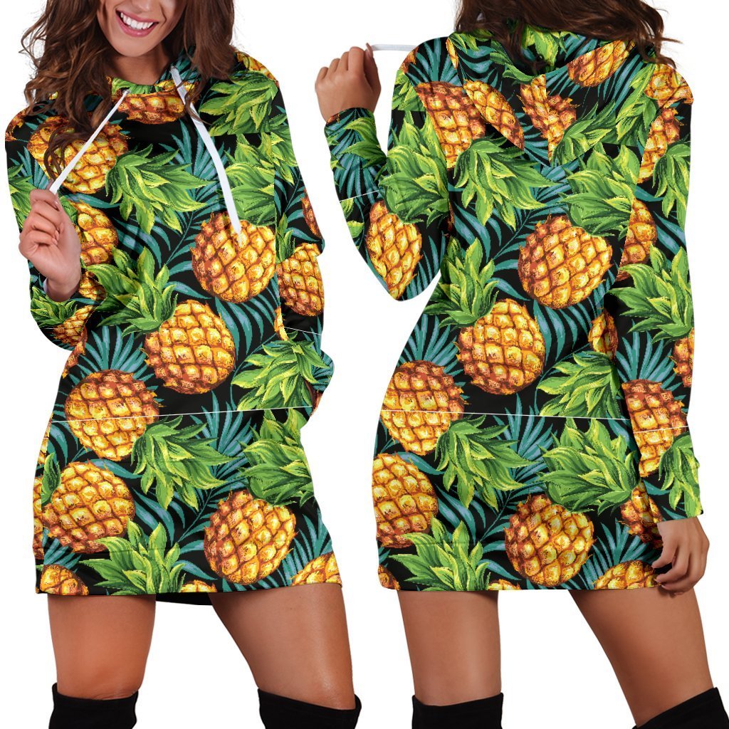 Women Tropical Leave Hawaiian Pineapple Hoodie Dress Print-grizzshop
