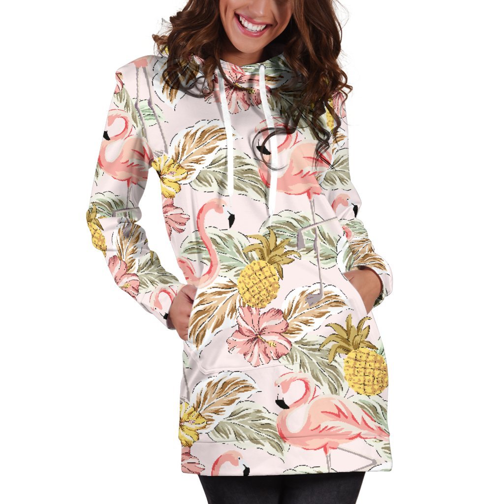 Women Vintage Flamingo Pineapple Hoodie Dress Print-grizzshop