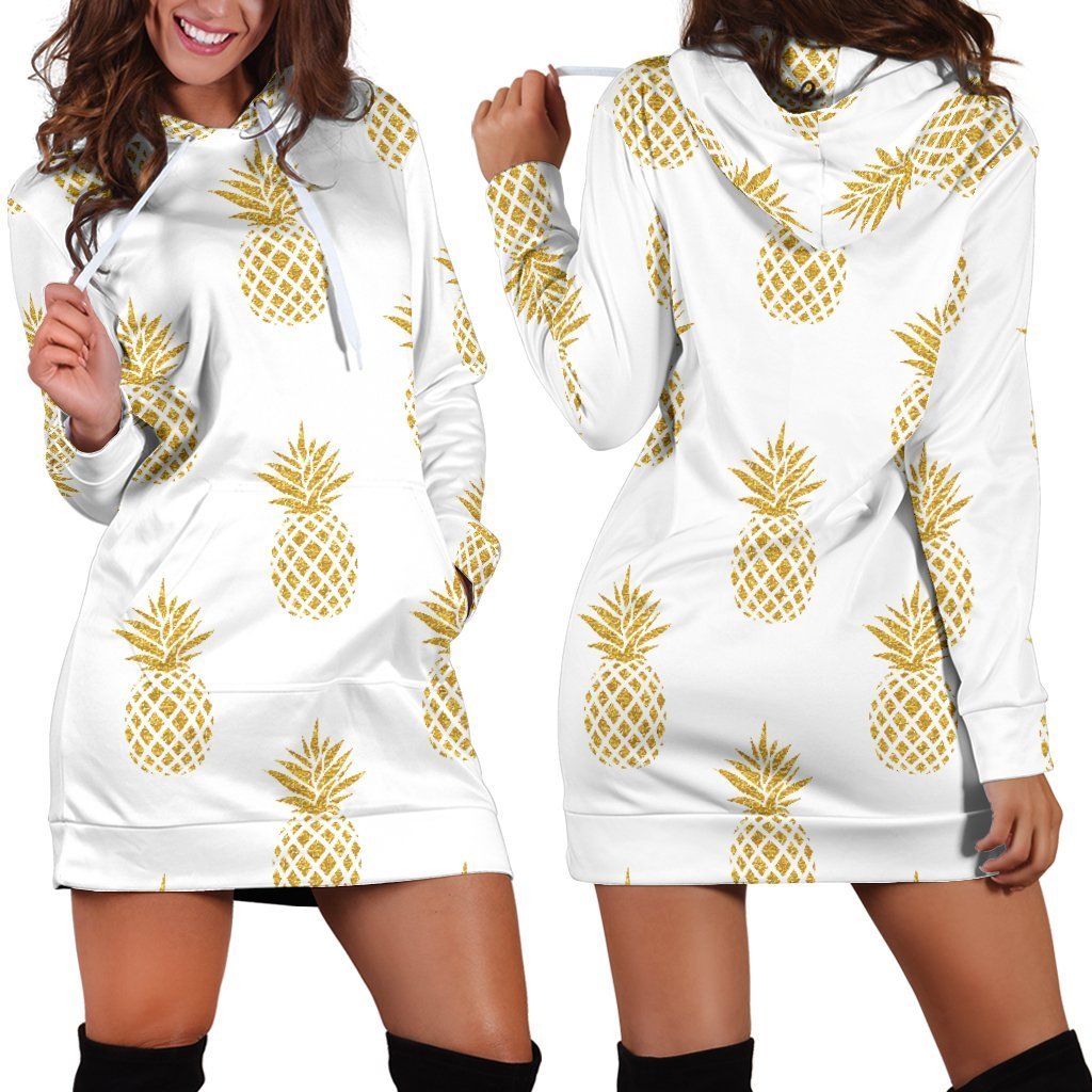 Women White Gold Pineapple Hawaiian Hoodie Dress Print-grizzshop