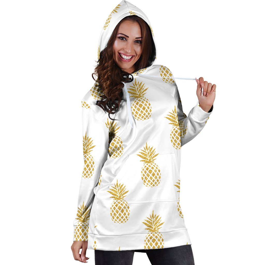 Women White Gold Pineapple Hawaiian Hoodie Dress Print-grizzshop