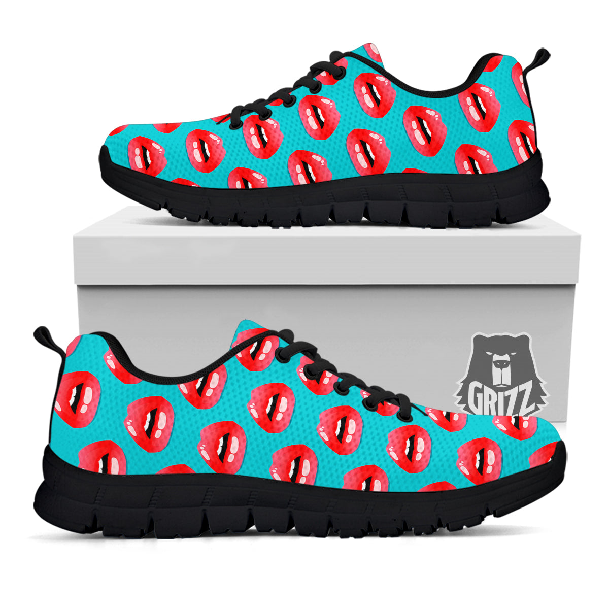 Women's Lips Print Pattern Black Sneaker-grizzshop