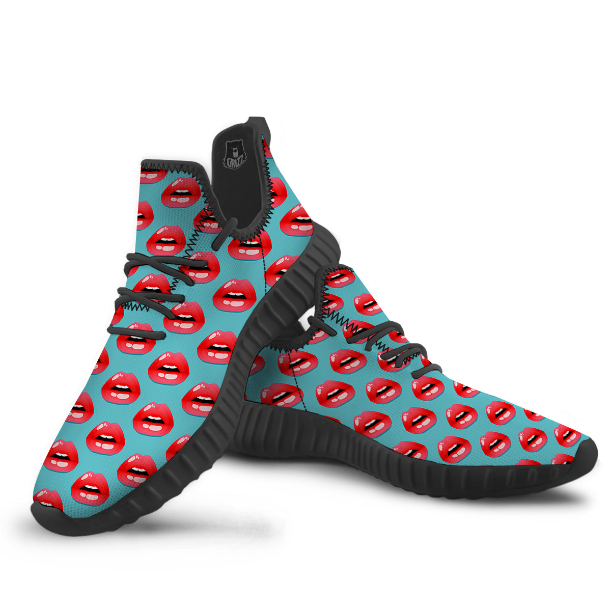 Women's Lips Print Pattern Black Walking Shoes-grizzshop