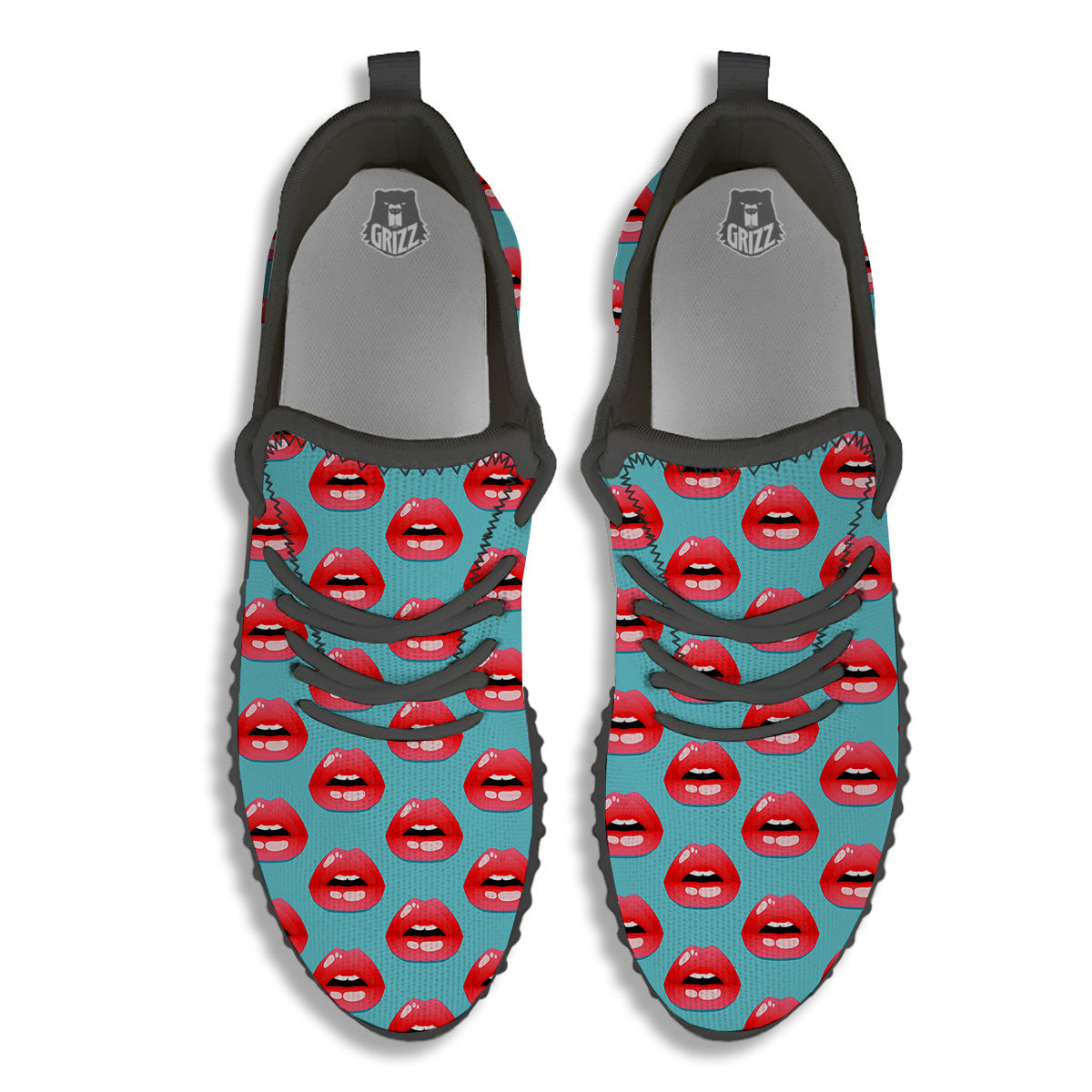 Women's Lips Print Pattern Black Walking Shoes-grizzshop