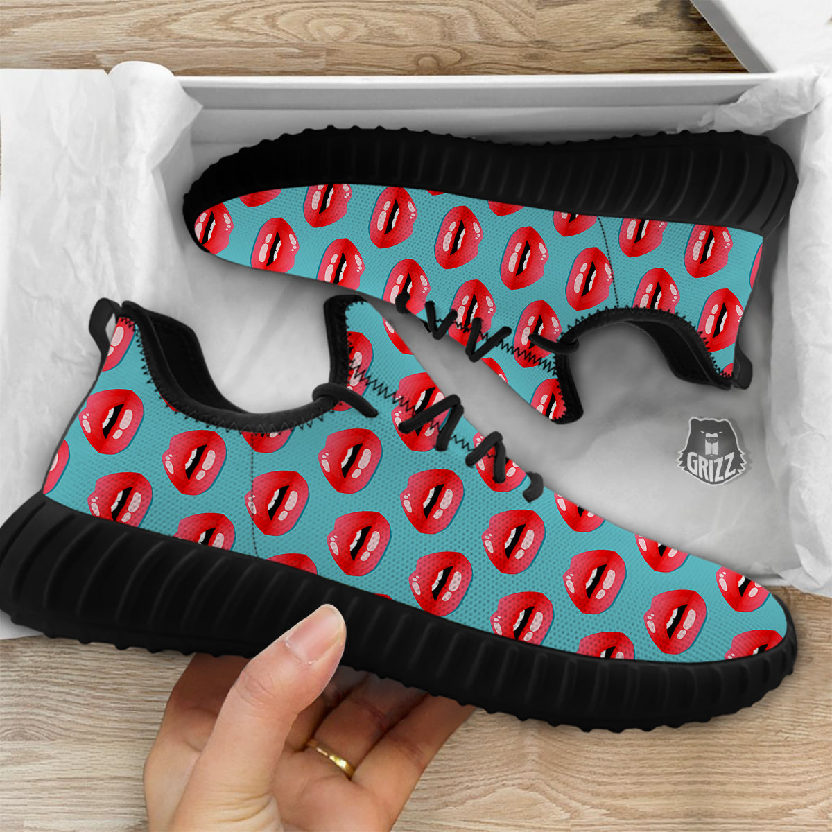Women's Lips Print Pattern Black Walking Shoes-grizzshop