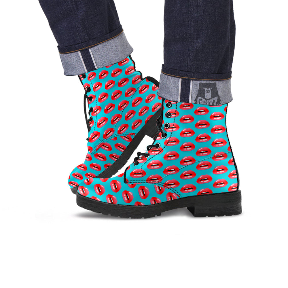 Women's Lips Print Pattern Leather Boots-grizzshop