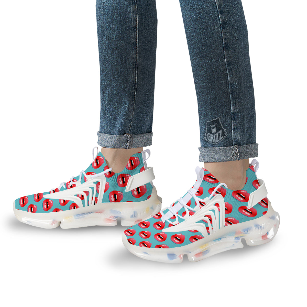 Women's Lips Print Pattern White Gym Shoes-grizzshop