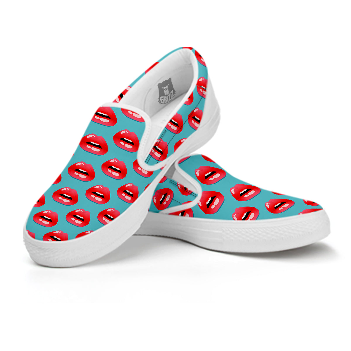 Women's Lips Print Pattern White Slip On Shoes-grizzshop