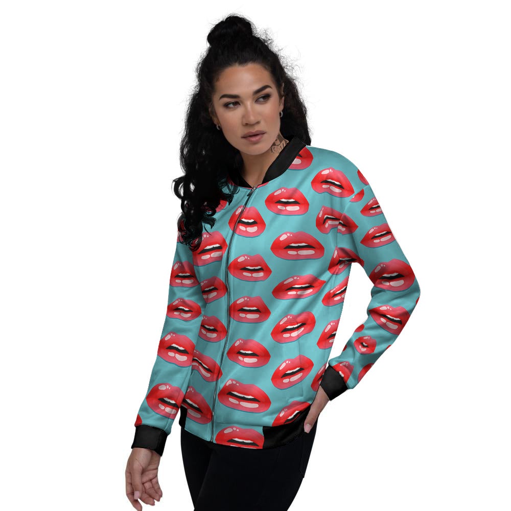 Women's Lips Print Pattern Women's Bomber Jacket-grizzshop