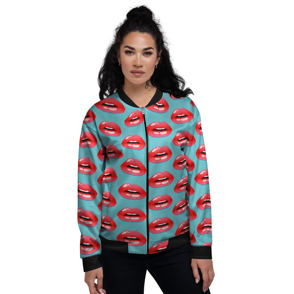 Women's Lips Print Pattern Women's Bomber Jacket-grizzshop