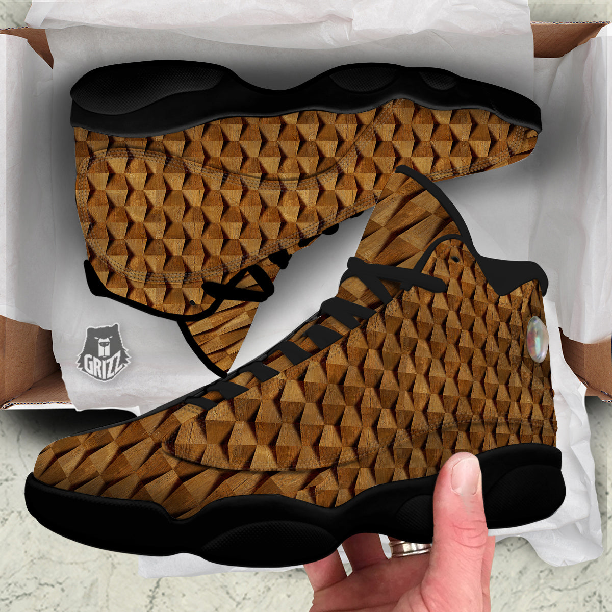 Wood Wall 3D Print Pattern Black Basketball Shoes-grizzshop