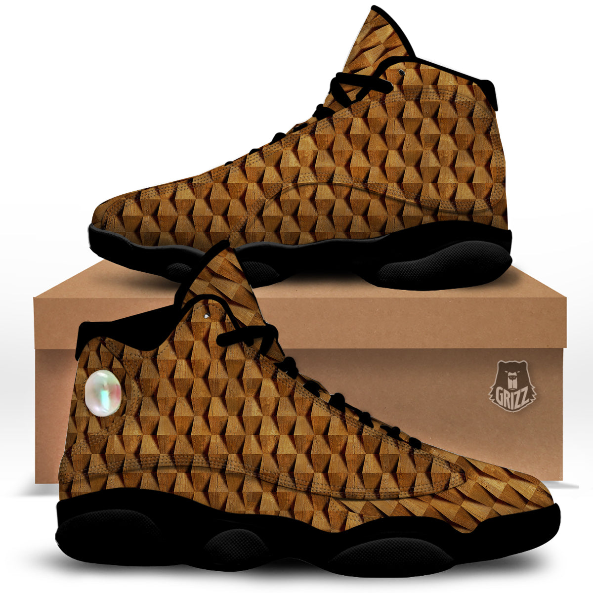 Wood Wall 3D Print Pattern Black Basketball Shoes-grizzshop