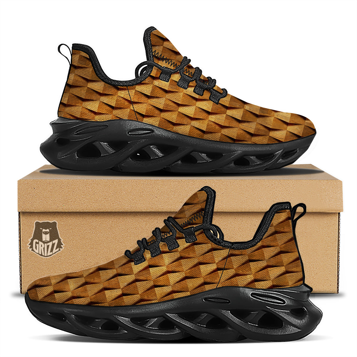 Wood Wall 3D Print Pattern Black Running Shoes-grizzshop