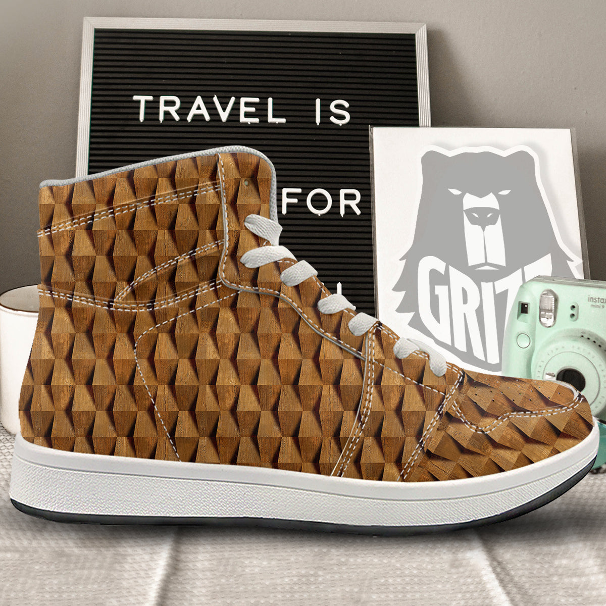 Wood Wall 3D Print Pattern High Top Sneakers-grizzshop