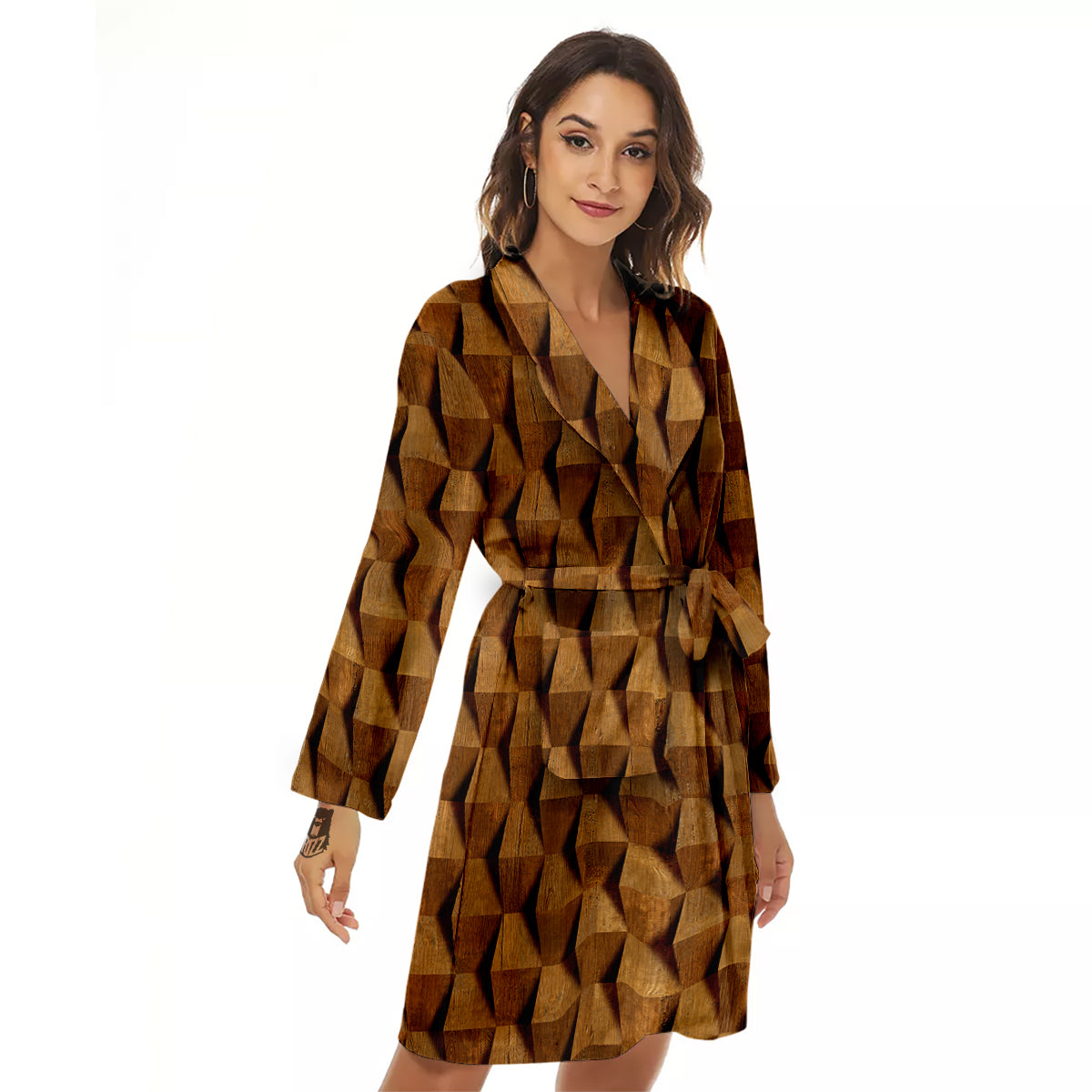 Wood Wall 3D Print Pattern Women's Robe-grizzshop