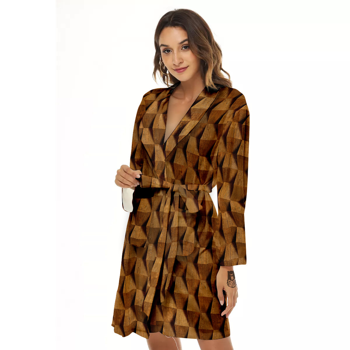 Wood Wall 3D Print Pattern Women's Robe-grizzshop