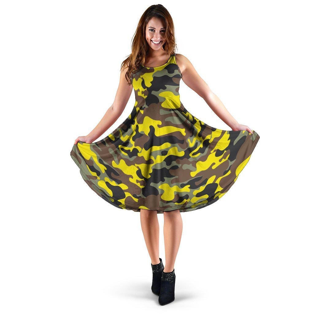 Woodland And Yellow Camo Print Dress-grizzshop