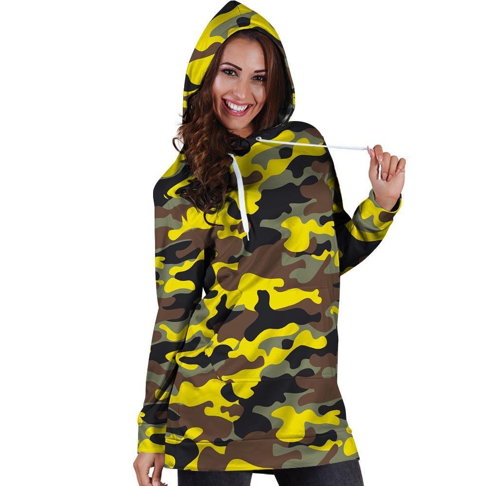 Woodland And Yellow Camo Print Hoodie Dress-grizzshop