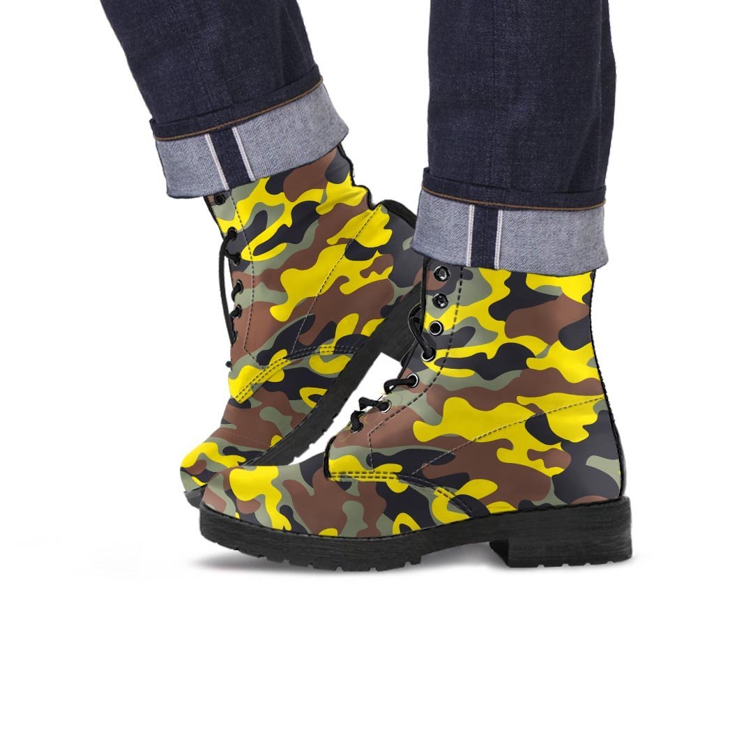 Woodland And Yellow Camo Print Men's Boots-grizzshop