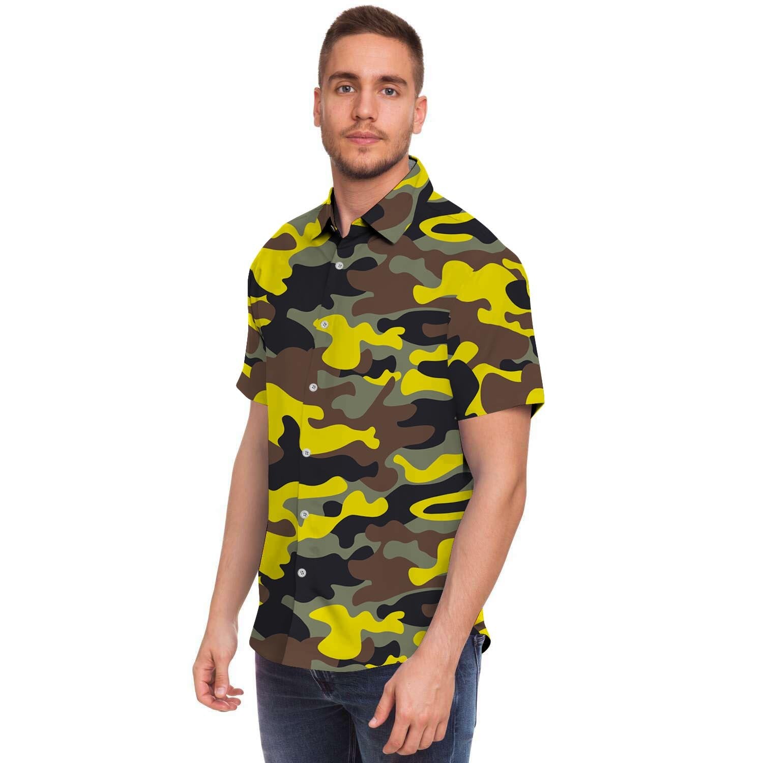 Woodland And Yellow Camo Print Men's Short Sleeve Shirt-grizzshop