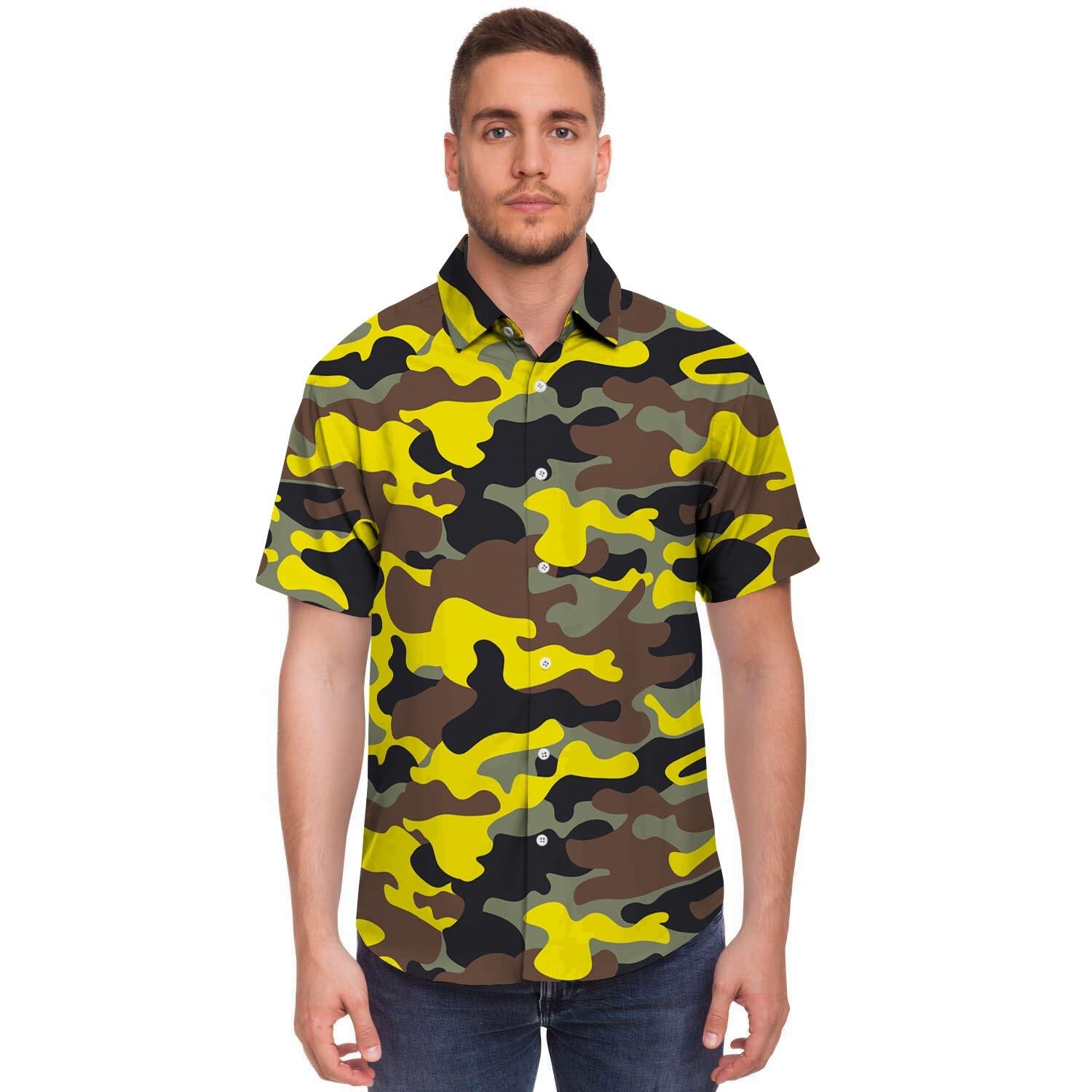 Woodland And Yellow Camo Print Men's Short Sleeve Shirt-grizzshop