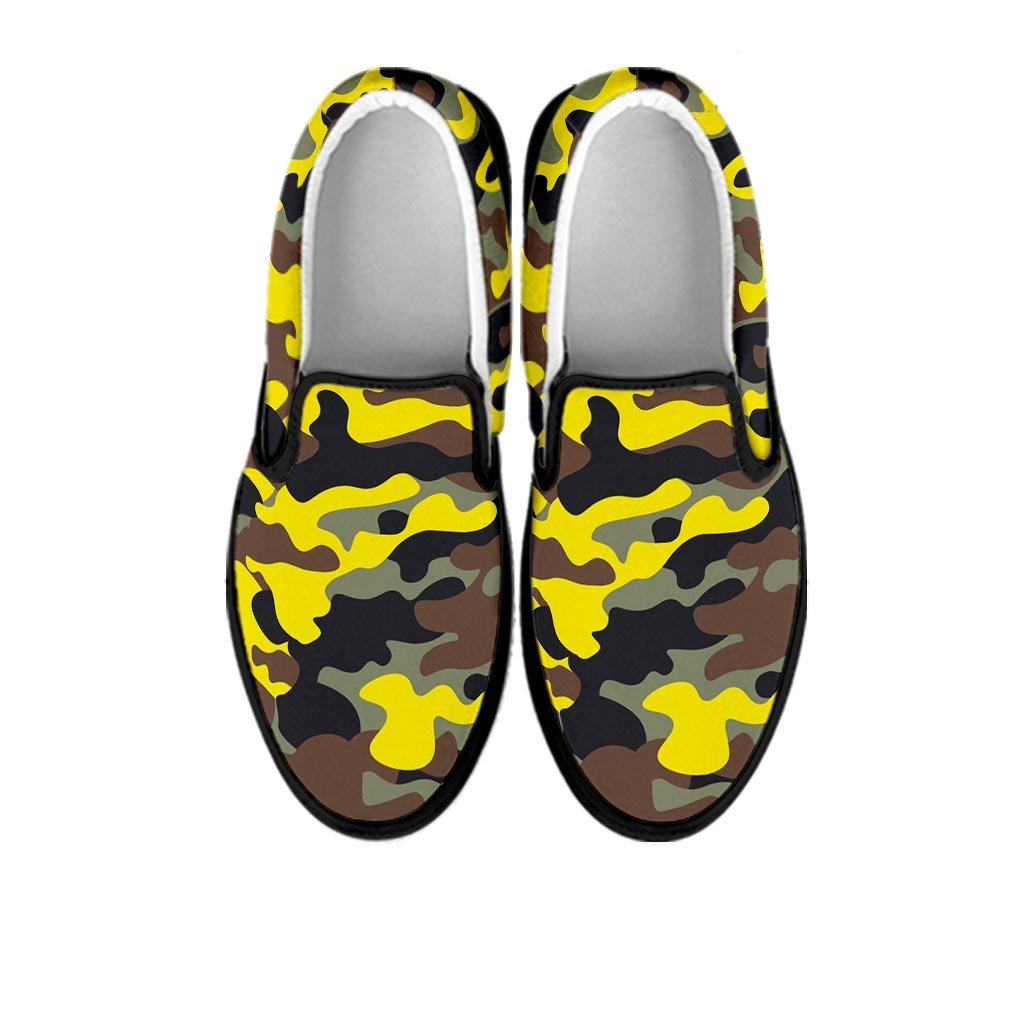 Woodland And Yellow Camo Print Men's Slip On Sneakers-grizzshop