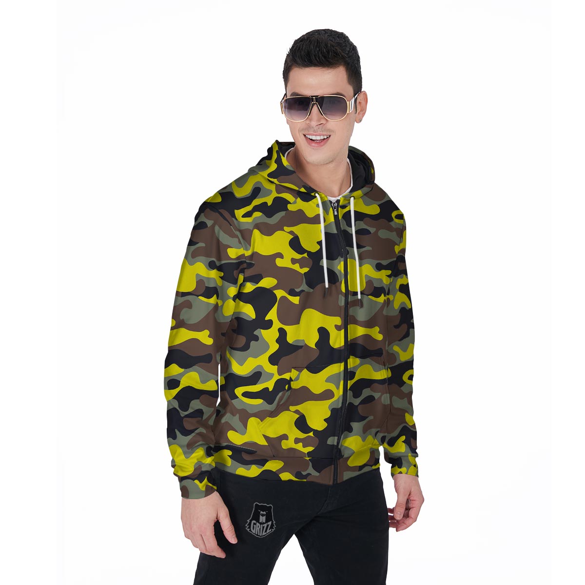 Woodland And Yellow Camo Print Men's Zip Up Hoodie-grizzshop