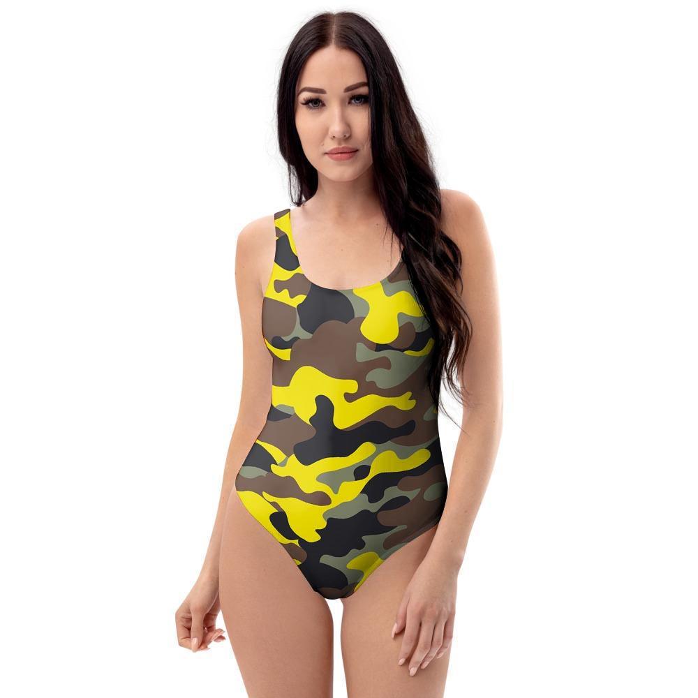 Woodland And Yellow Camo Print One Piece Swimsuite-grizzshop