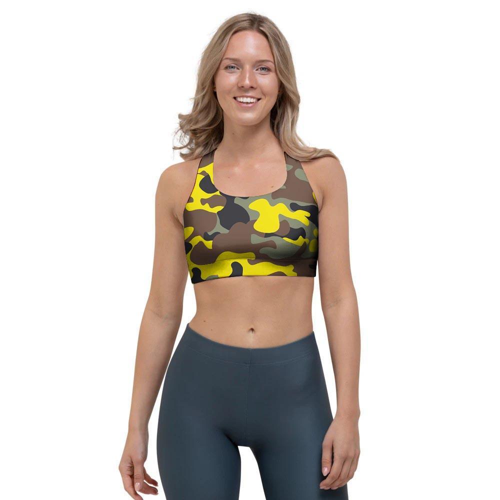 Woodland And Yellow Camo Print Sports Bra-grizzshop