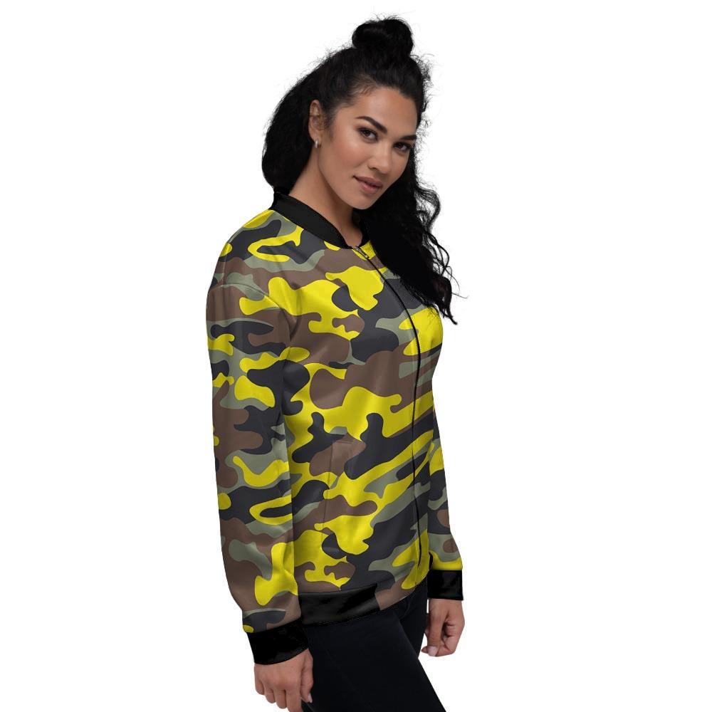 Woodland And Yellow Camo Print Women's Bomber Jacket-grizzshop