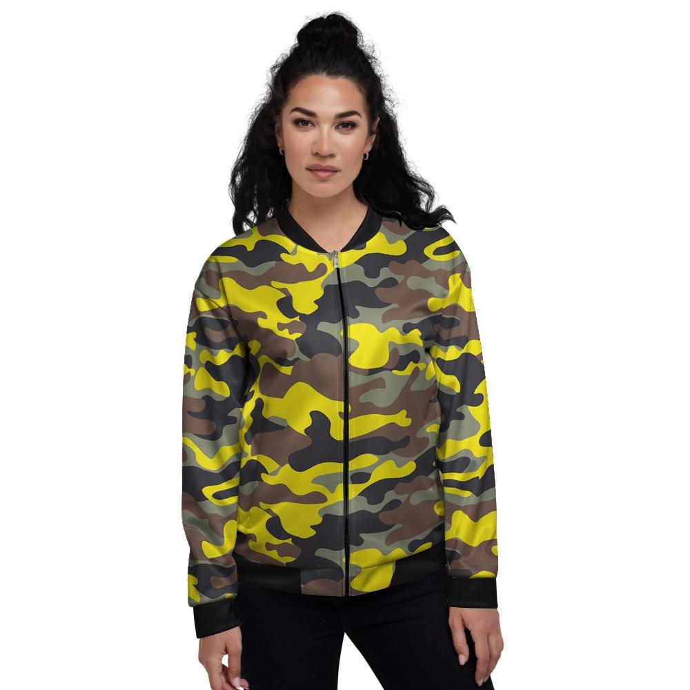 Woodland And Yellow Camo Print Women's Bomber Jacket-grizzshop