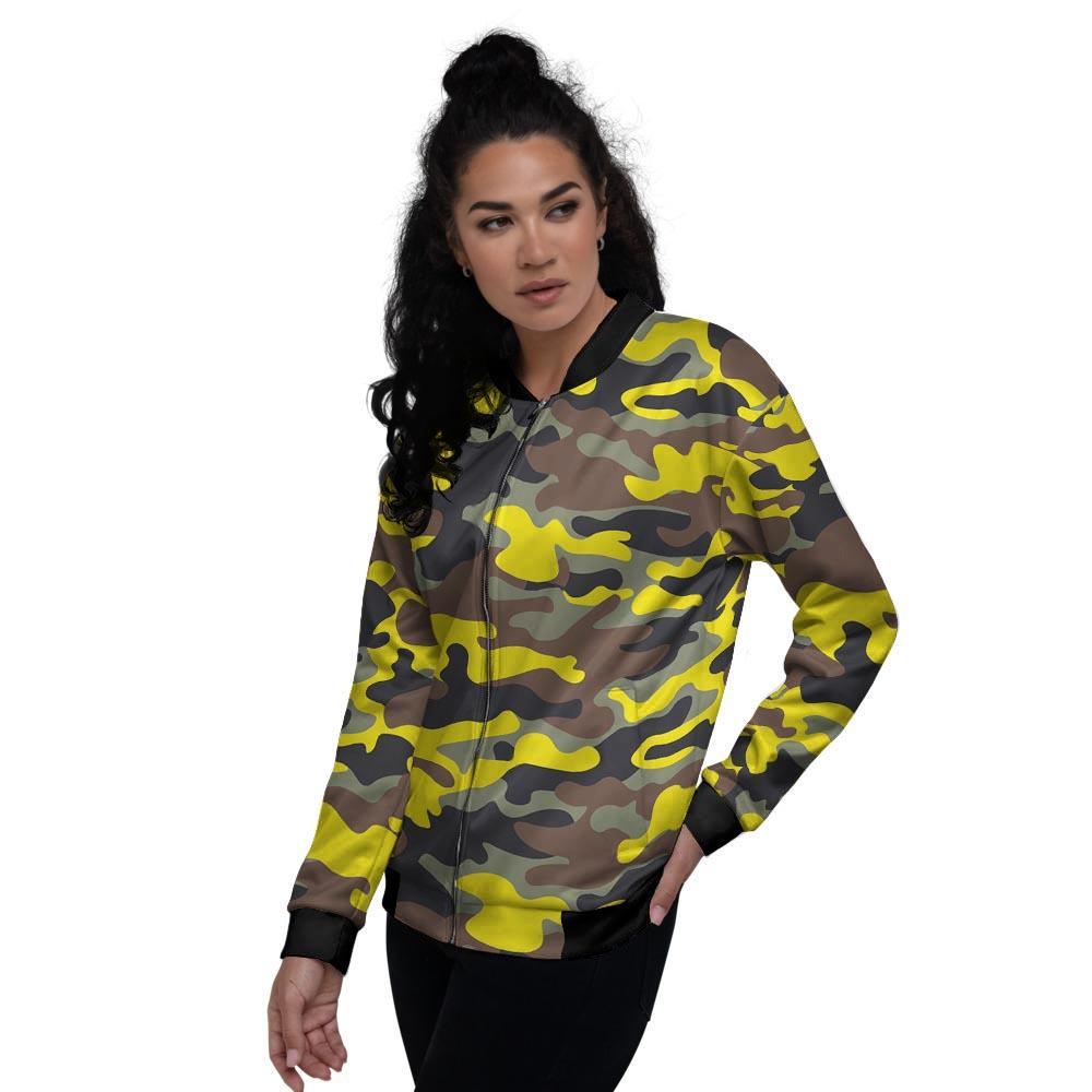 Woodland And Yellow Camo Print Women's Bomber Jacket-grizzshop