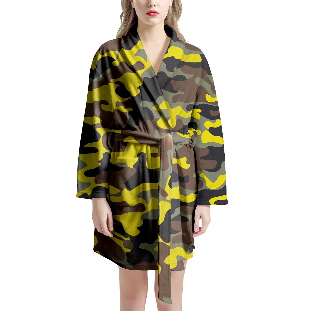 Woodland And Yellow Camo Print Women's Robe-grizzshop