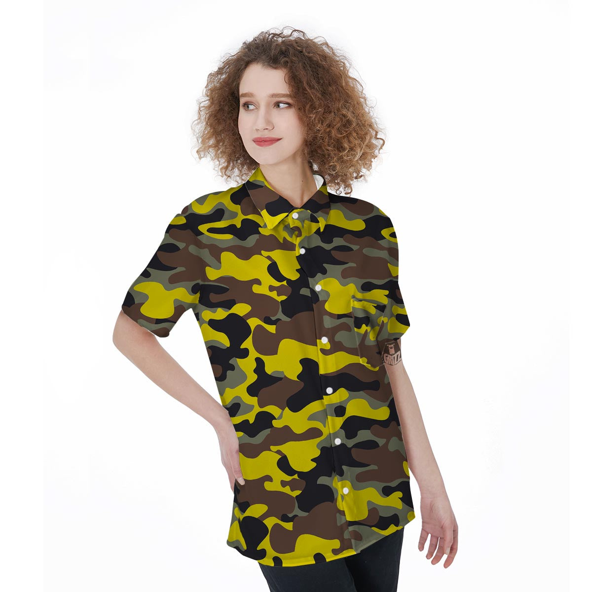 Woodland And Yellow Camo Print Women's Short Sleeve Shirts-grizzshop