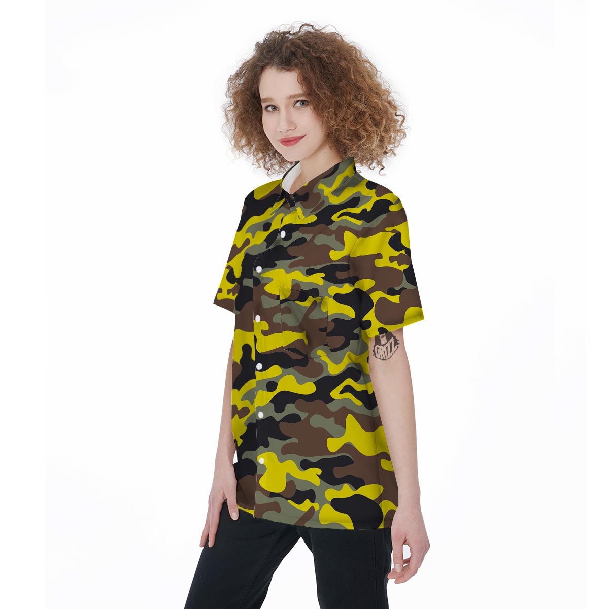 Woodland And Yellow Camo Print Women's Short Sleeve Shirts-grizzshop