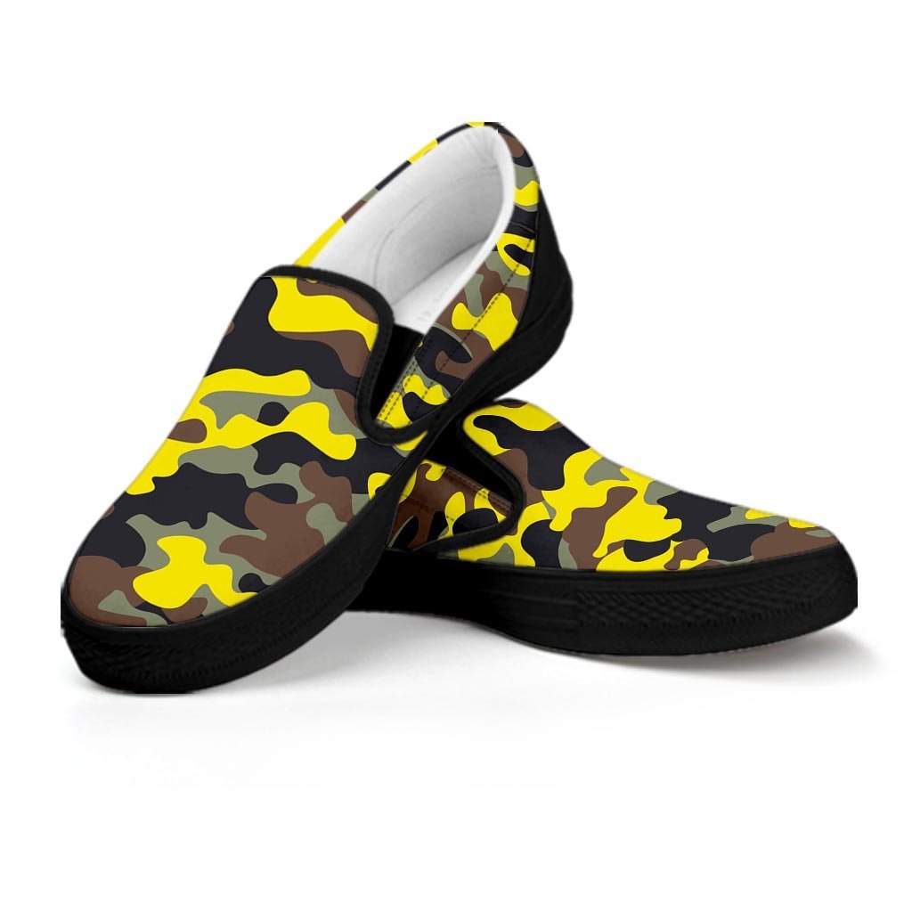 Woodland And Yellow Camo Print Men's Slip On Sneakers-grizzshop