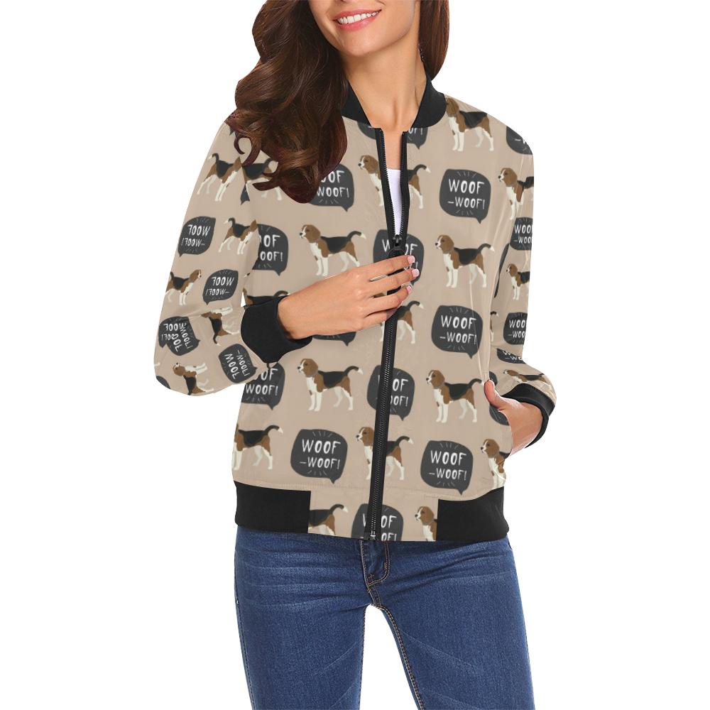 Woof Woof Beagle Pattern Print Women Casual Bomber Jacket-grizzshop