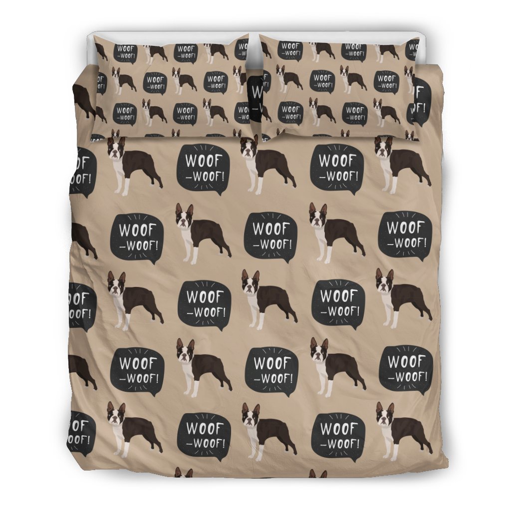 Woof Woof Boston Terrier Pattern Print Duvet Cover Bedding Set-grizzshop