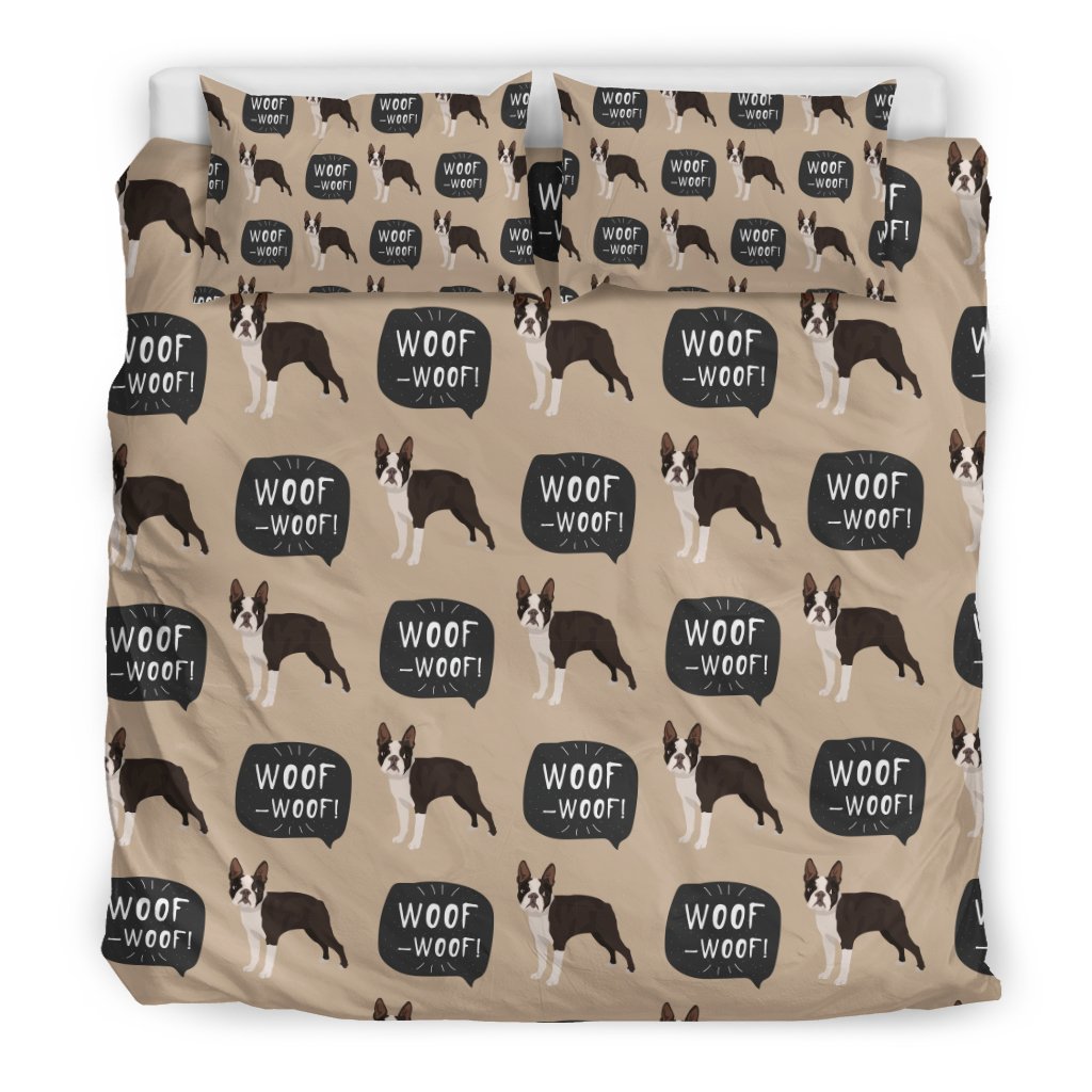 Woof Woof Boston Terrier Pattern Print Duvet Cover Bedding Set-grizzshop