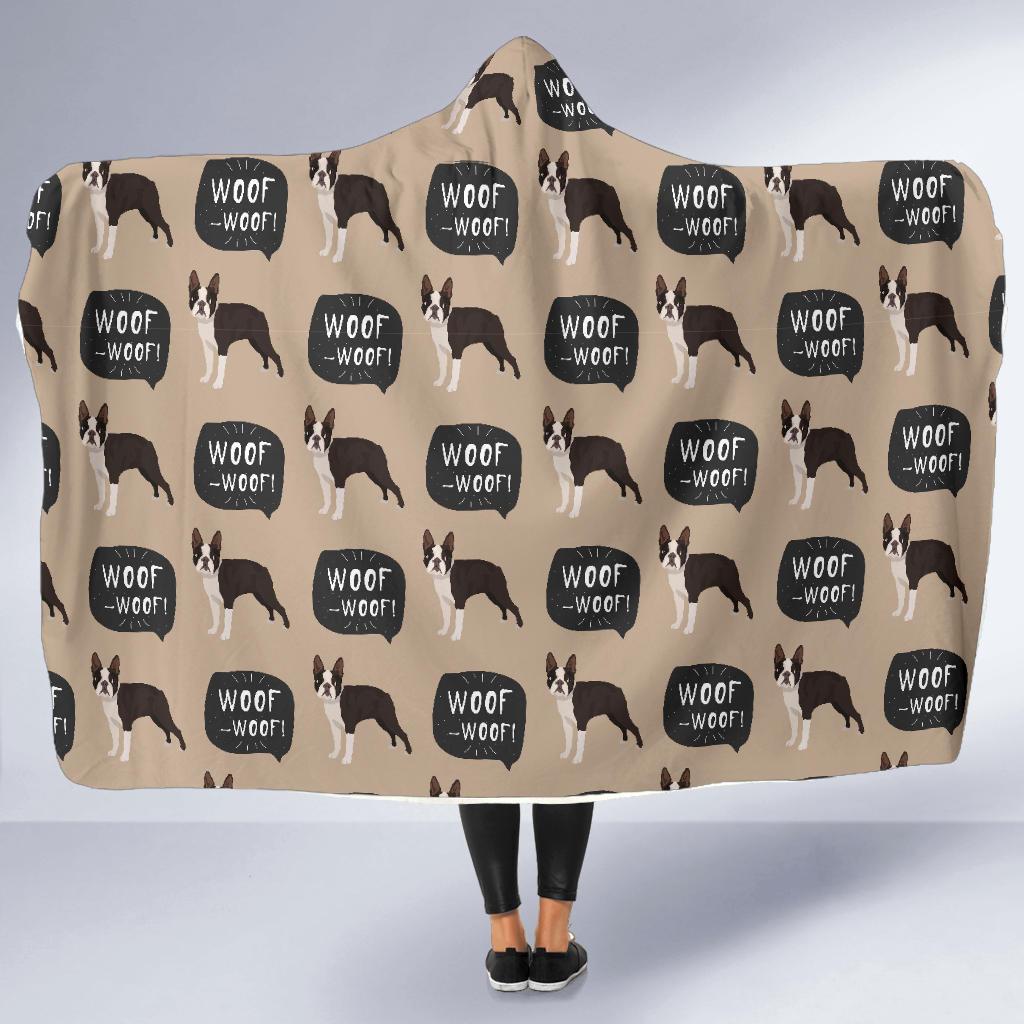 Woof Woof Boston Terrier Pattern Print Hooded Blanket-grizzshop