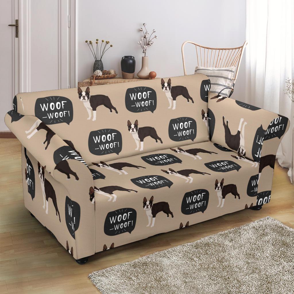 Woof Woof Boston Terrier Pattern Print Loveseat Cover-grizzshop