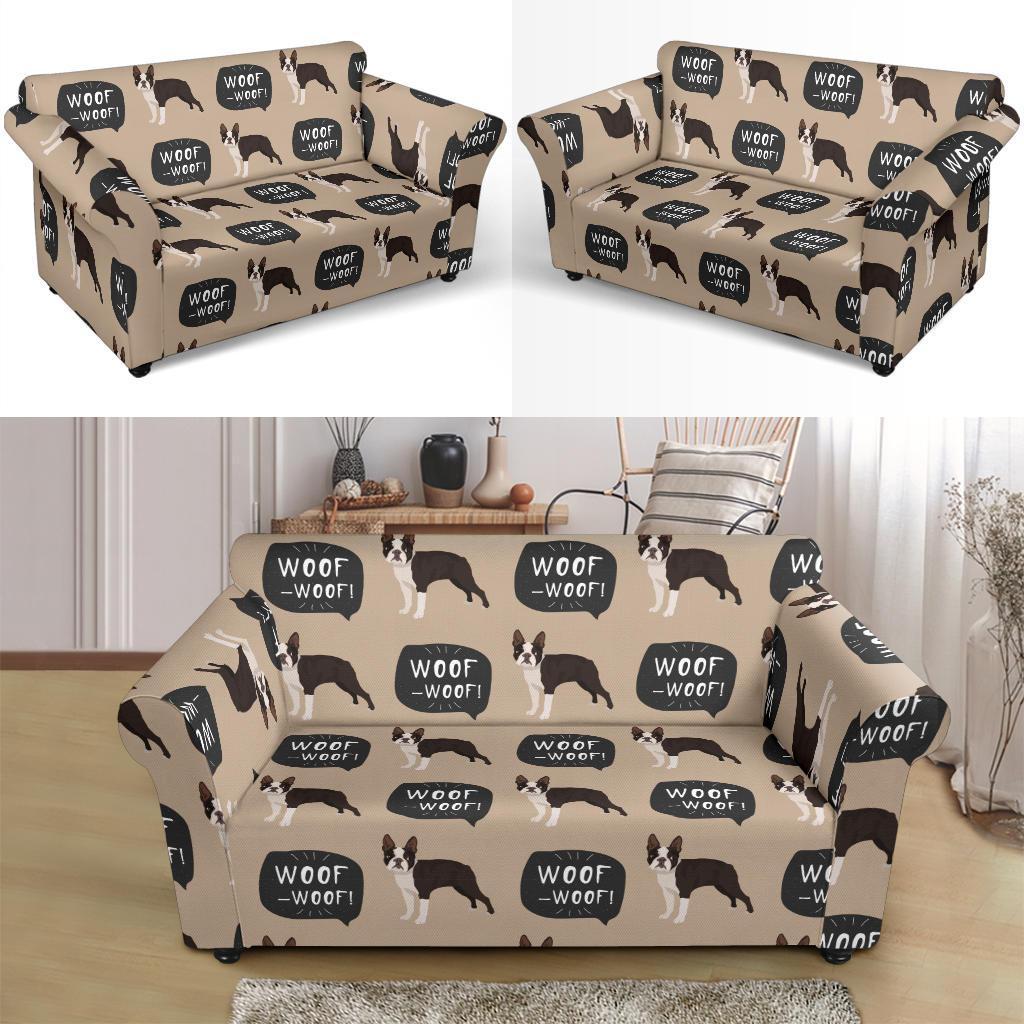 Woof Woof Boston Terrier Pattern Print Loveseat Cover-grizzshop