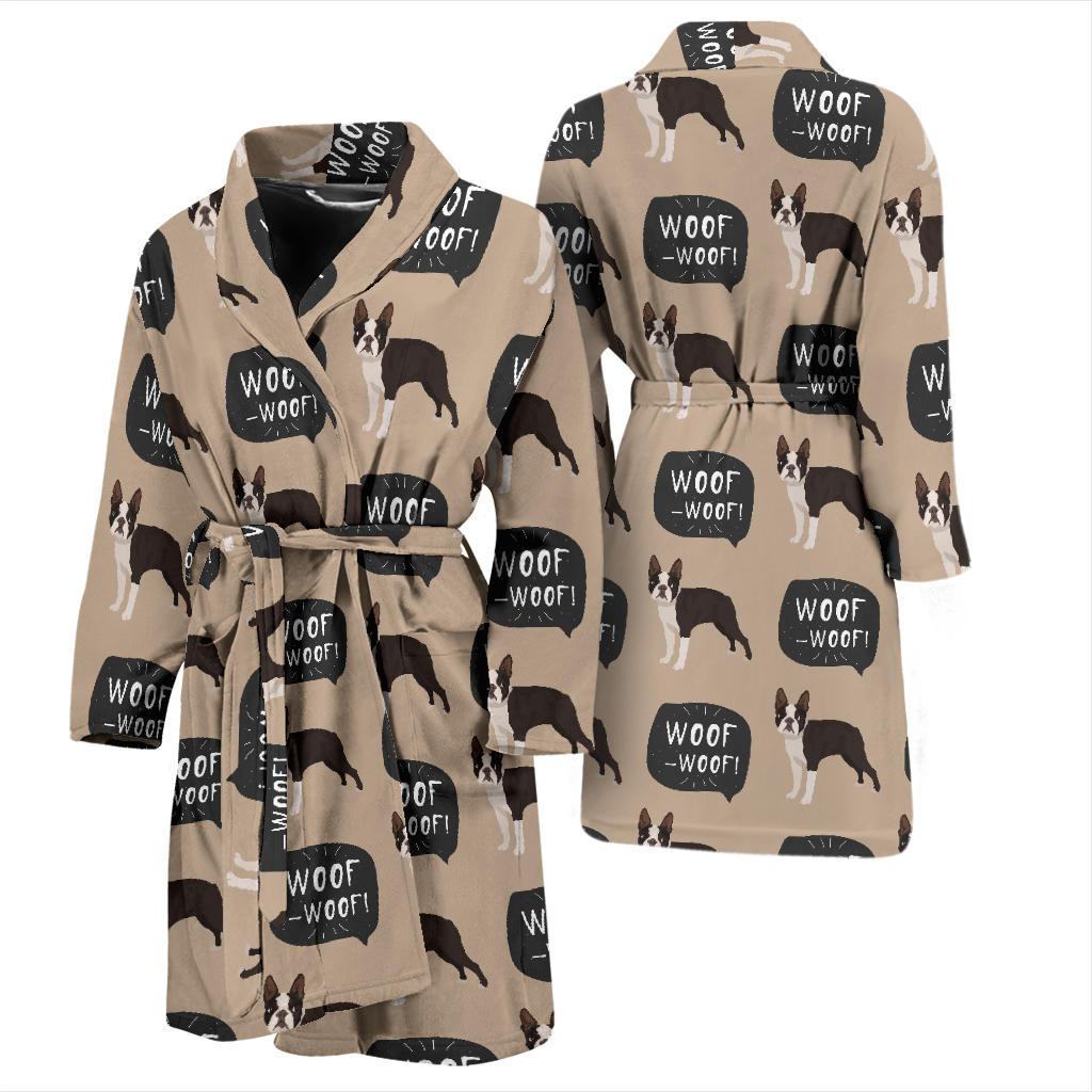 Woof Woof Boston Terrier Pattern Print Men Long Robe-grizzshop