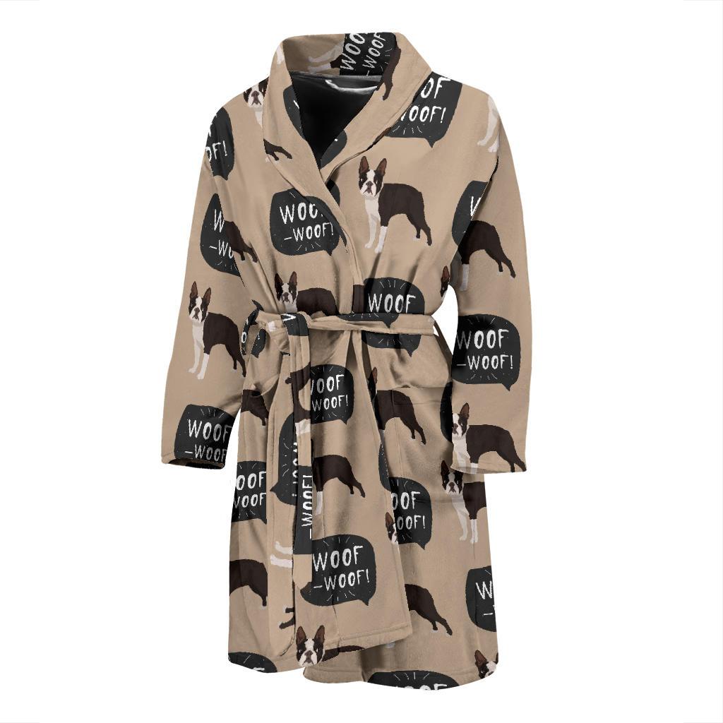 Woof Woof Boston Terrier Pattern Print Men Long Robe-grizzshop