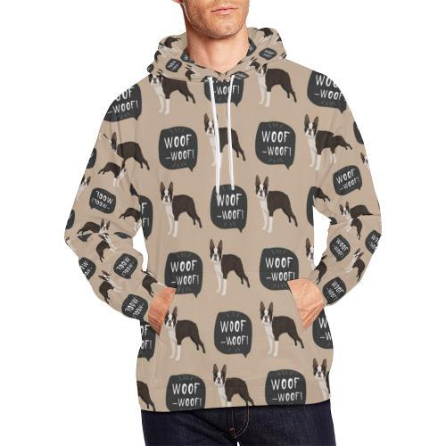 Woof Woof Boston Terrier Pattern Print Men Pullover Hoodie-grizzshop