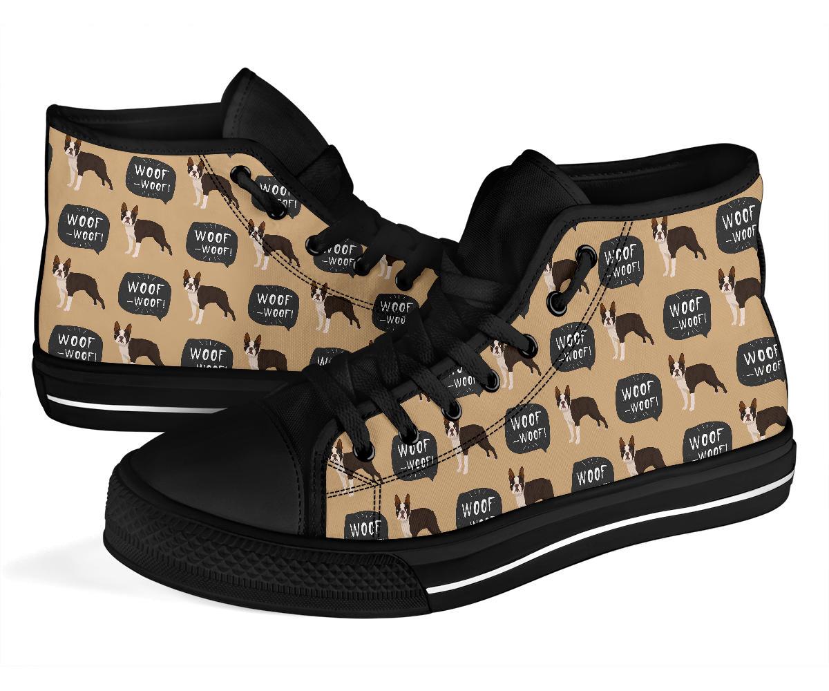 Woof Woof Boston Terrier Pattern Print Men Women's High Top Shoes-grizzshop