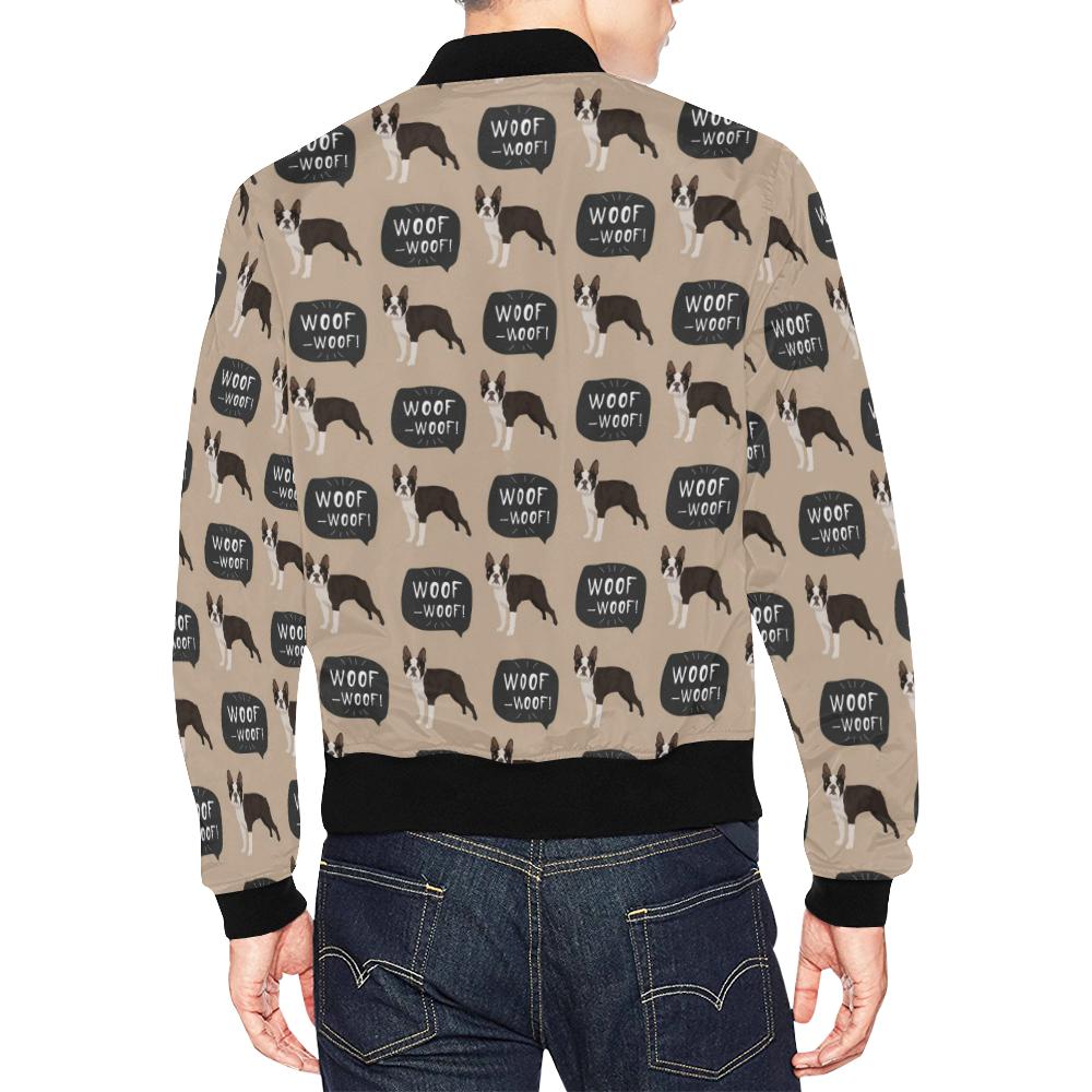 Woof Woof Boston Terrier Pattern Print Men's Bomber Jacket-grizzshop