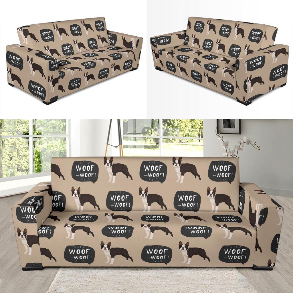 Woof Woof Boston Terrier Pattern Print Sofa Covers-grizzshop