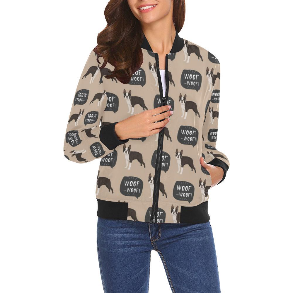 Woof Woof Boston Terrier Pattern Print Women Casual Bomber Jacket-grizzshop